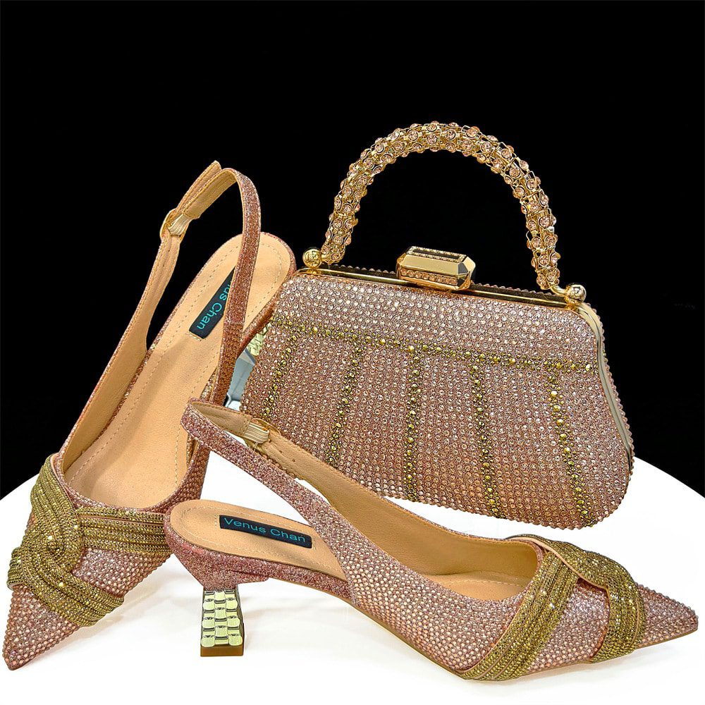 sku-4-Champagne Bridal Combo Pointed Toe Cross Chain Rear Empty High Heels Matching Trapezoid Wrist Bag - Image 1