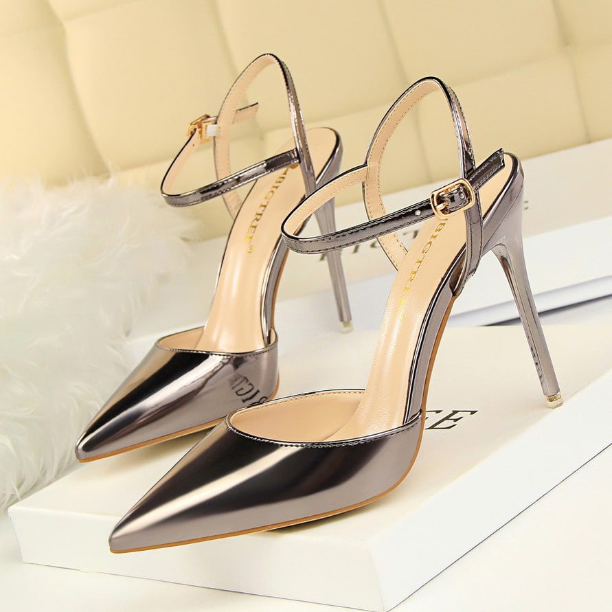 sku-1-Bronze European and American Style Simple Stiletto Super High Heel Shallow Mouth Pointed Toe Patent Leather Sexy Nightclub Shoe - Image 1