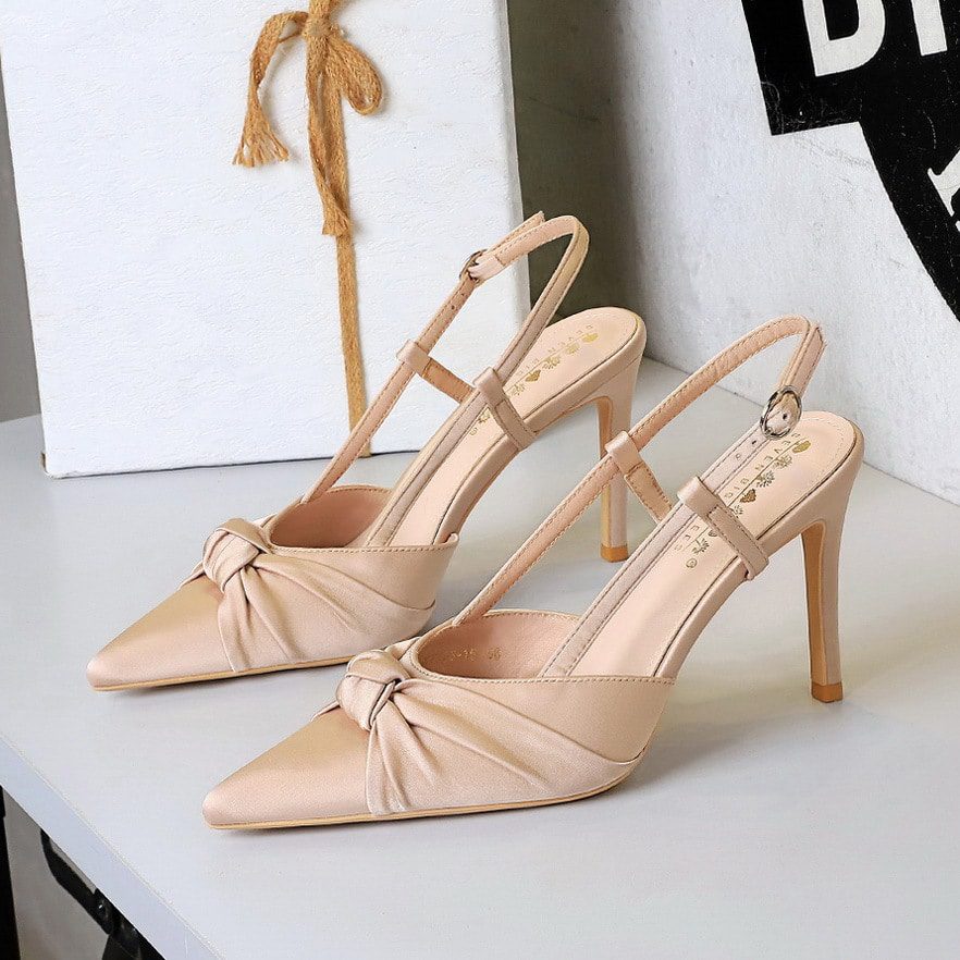 sku-1-Champagne European and American Style Banquet Silks and Satins Bow Stiletto High Heels - Image 1