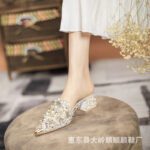 Baotou Slippers Women's Outer Wear Spring and Summer New Style Mesh Rough Heel Heavy Industry Handmade Rhinestone Shoe - Image 7
