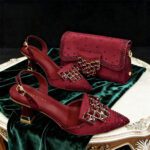 Premium Bridal combo set African Pointed-Toe Women's Shoes + Bag Set, Exquisite Diamond Buckle Paired with Faux Silk Fabric, Stiletto Pointed-Toe Shoes