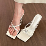 Naipai~French white square head thin strap high heel sandals