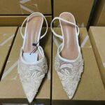 solid color embroidered mesh stiletto mules