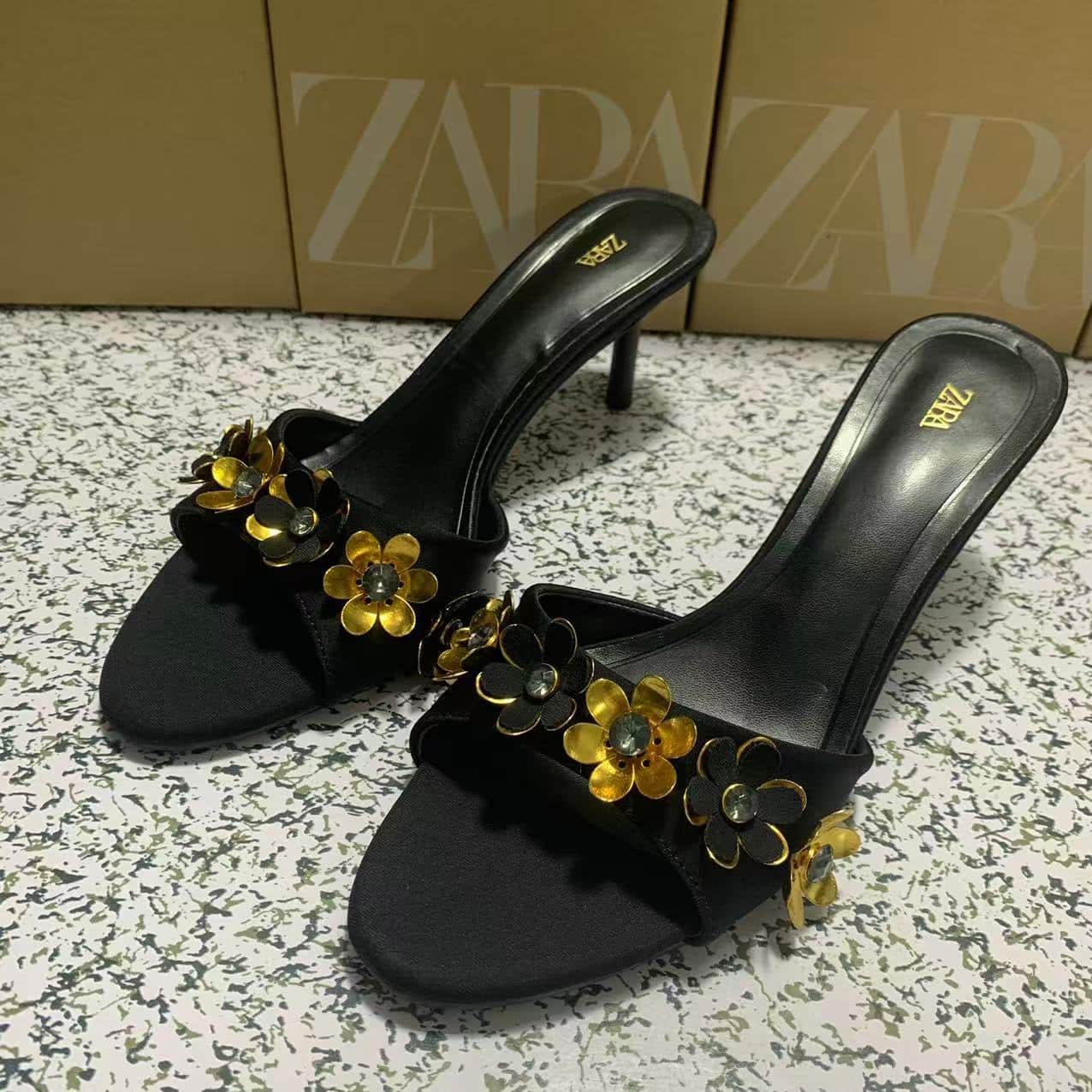 black Zara flower open toe stiletto heel - Image 1