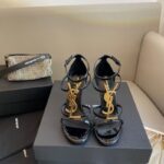 Premium YSL Gold Letter Logo Stiletto Heels, Sexy Open Toe Strappy Sandals