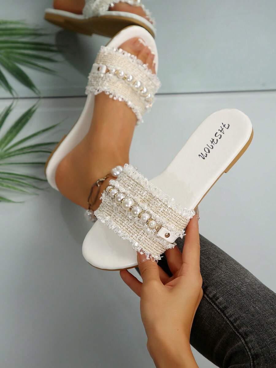 sku-1-White New Fashion Slippers with Pearl Buckle Versatile Solid Color Metal Decoration Round Toe Flat Sandals - Image 1
