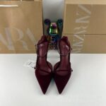 New ZARA Spring Women's Shoes Red Velvet Effect Pointed Temperament Thin Heel Muller Shoes T-Buckle Single Shoes
