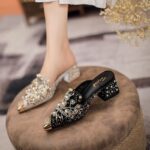 Baotou Slippers Women's Outer Wear Spring and Summer New Style Mesh Rough Heel Heavy Industry Handmade Rhinestone Shoe