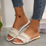 New Fashion Slippers with Pearl Buckle Versatile Solid Color Metal Decoration Round Toe Flat Sandals - Image 5