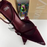 New ZARA Spring Women's Shoes Red Velvet Effect Pointed Temperament Thin Heel Muller Shoes T-Buckle Single Shoes - Image 8