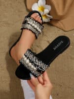 New Fashion Slippers with Pearl Buckle Versatile Solid Color Metal Decoration Round Toe Flat Sandals - Image 2