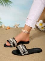 New Fashion Slippers with Pearl Buckle Versatile Solid Color Metal Decoration Round Toe Flat Sandals - Image 6